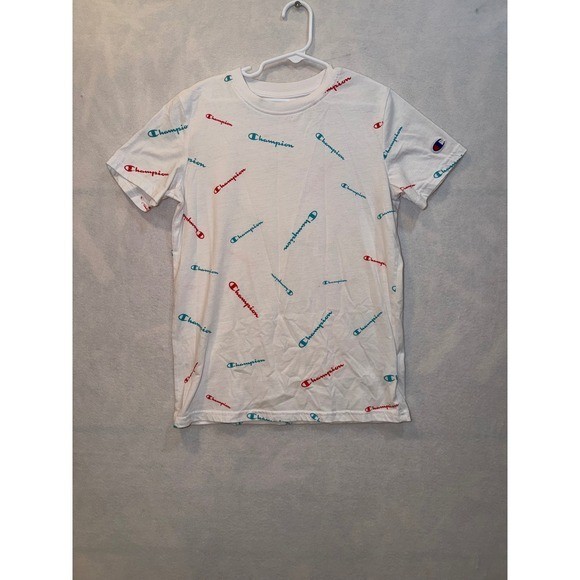 Champion All Over Logo T Shirt White Red Blue Graphic Print Authentic Athletic M