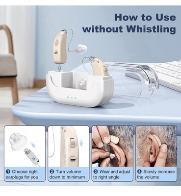 Rechargeable BTE Hearing Aid Pair w/ Noise Reduction, Charging Case Beige/White