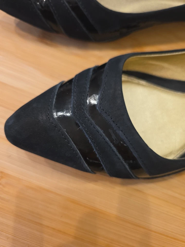 Pisos vintage Anna Luz, brasileños hechos a mano de gamuza negra y charol Chevron talla 9 Foto 3 de 4