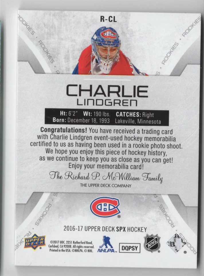 2016-17 SPx Rookies JERSEY Charlie Lindgren /235 Montreal Canadiens #R-CL - Image 2 of 2