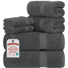 6 Piece Towel Set 2 Bath 2 Hand 2 Wash Cloths 100 Cotton 600 GSM Gray