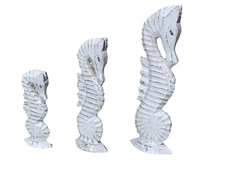 SET OF 3 SEAHORSE HAND CARVED WOOD TROPICAL SCULPTURE BIRD DECOR