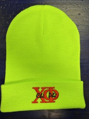 Chi Phi Safety Neon Yellow Embroidered Knit Beanie Cap Hat NOS, V2