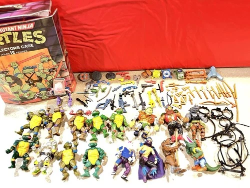 Vintage TMNT Ninja Turtles 17 Action Figure Accessory Lot + Weapons Carry Case