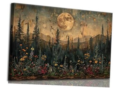 Full Moon Forest Canvas Wall Art Vintage Moonlit Pine 24L'' x 16W'' Dark-Canvas