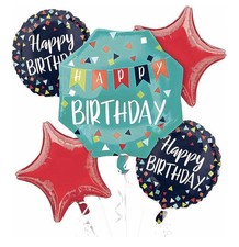 Happy Birthday Balloon Bouquet 5pc Foil Red Teal Black Confetti