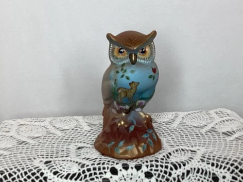 Fenton Owl with Hand Painted Deer in the trees with Red Bird
