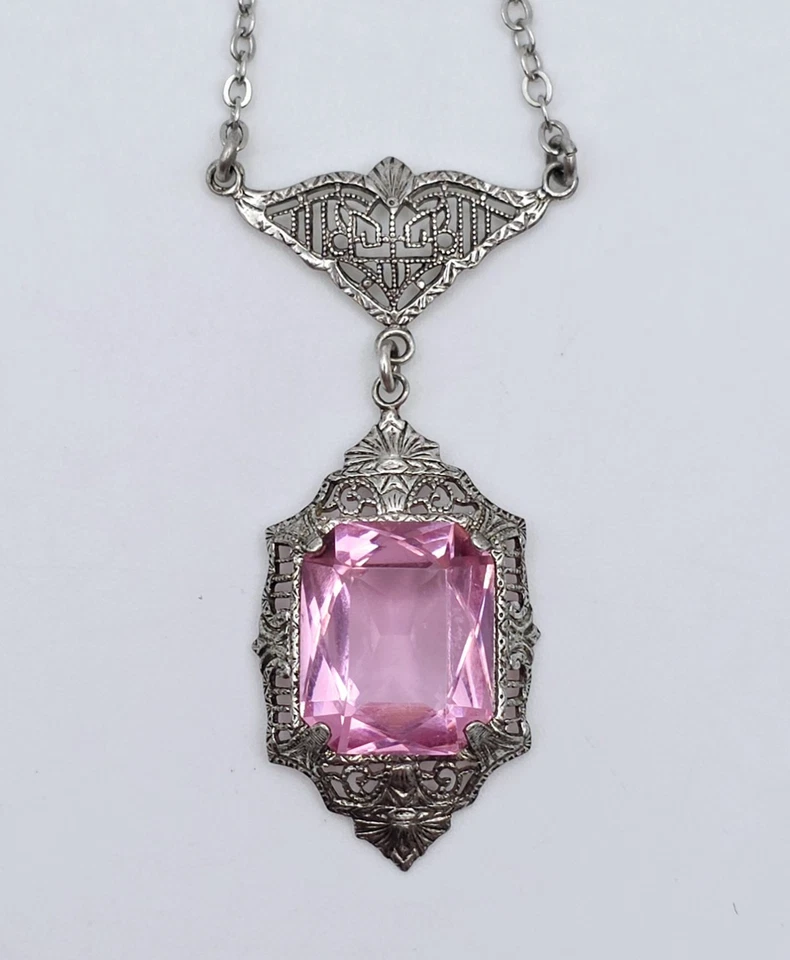Antique Vintage Art Deco Sterling Silver Filigree Pink Glass Pendant Necklace - Image 3 of 4