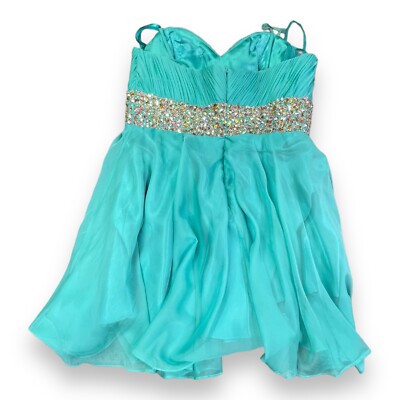 Dave & Johnny Semi-Formal Prom Dress Sz  13/14 Green Short Beaded Bra Built-in