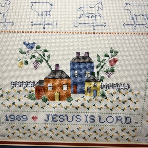 Colonial Sampler Completed Counted Cross Stitch "Jesus Is Lord” 20”x 16” Matted - Picture 2 of 12