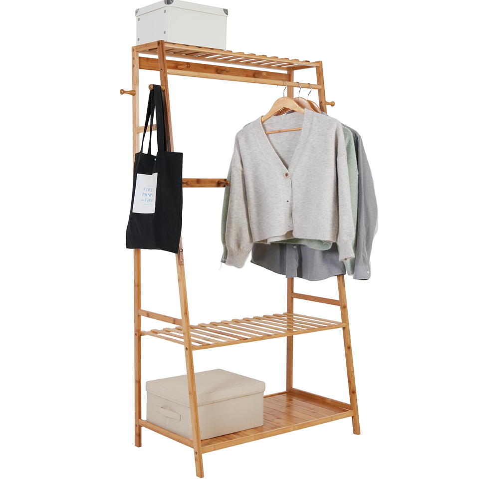 Bamboo Clothes Rail Rack Garment Stand with Top Shelf Shoe Storage ...