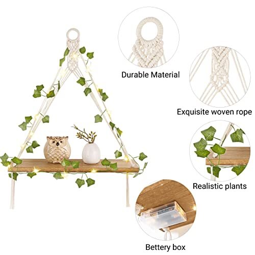 Juego de 2 estantes colgantes de macramé de hiedra artificial con luces pared boho marfil - Imagen 6 de 7