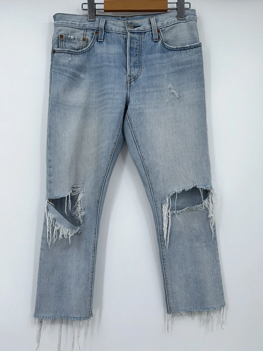 Levi s 501 Light Blue Distressed Jeans 100 Cotton Cut Off Hem eBay