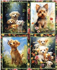 Dog Animal Fabric 36" X44" Panel Fur Ever Friends Puppy Dogs Cotton 3 Wishes