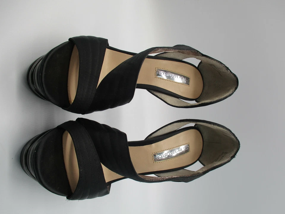 H by HALSTON negro satinado plataforma d'orsay esculpido tacón de aguja bomba talla 6 Foto 3 de 4