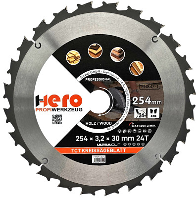 Kreissägeblatt 254 x 30/20 mm 24Z Profi HM Sägeblatt TCT Sägeblätter Holz HERO