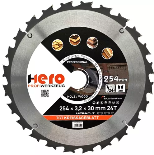 Kreissägeblatt 254 x 30/20 mm 24Z Profi HM Sägeblatt TCT Sägeblätter Holz HERO