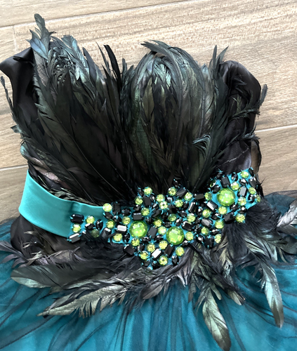 FLIRT Maggie Sorterro Black Green Peacock Feather Jeweled Ball Gown Prom Size 8 - Picture 5 of 9