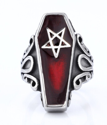 Gothic Red Enamel Star Coffin Ring Stainless Steel Men's Biker Satan ...