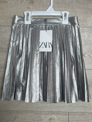 NWT Zara Size 13-14 Silver Metallic Pleated Skirt New