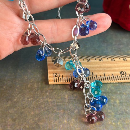 Hallmarked STERLING SILVER 925 Blue Pink Aqua Chain Crystal Choker Y Necklace 16 - Picture 2 of 16