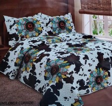 Sunflowers  Cow Print 3pc Quilt Bedspread Set