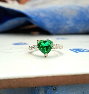 Heart Cut Emerald And Moissanite Stone Engagement Ring Sterling Silver Jewellry