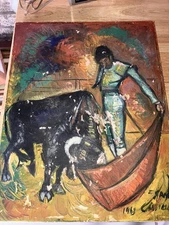 VTG 1963 Spanish Bullfighter Oil Painting Matador Bull Scene, French Mexican gla