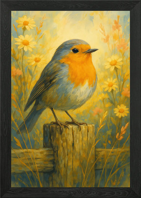 Robin Bird on Fence Post Painting Framed Wall Art Poster Canvas Print Picture
