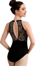 Women Black Halter Neck Dance Leotard,Hollow Lace Back Ballet Sleeveless Danc...
