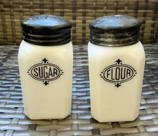 Vintage Hazel Atlas Milk Glass Sugar And Flour Range Shakers Art Deco MCM