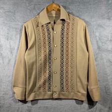 Vintage 70s Button Up Shirt Men M Geometric Print Long Sleeve Tan Retro
