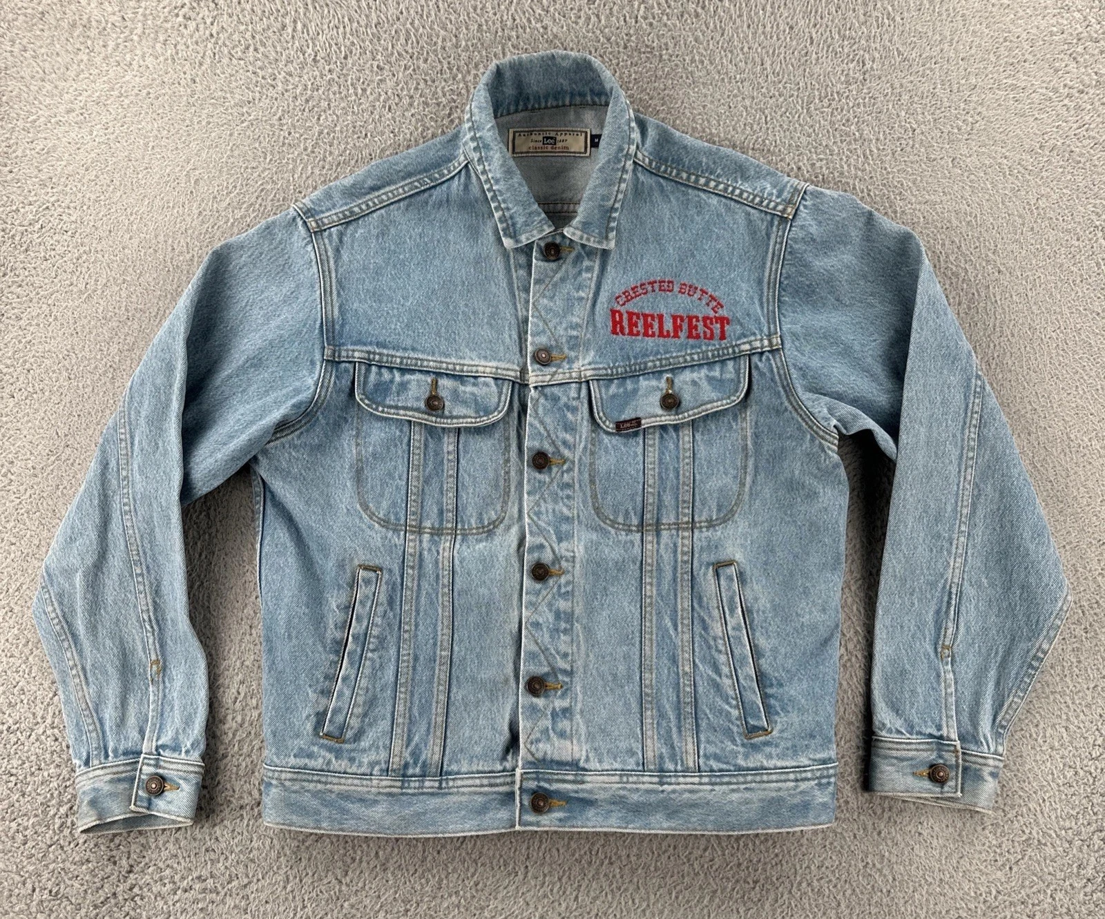 Vtg Lee Classic Denim Adult L Blue Denim Button Up Jacket Crested Butte Reelfest