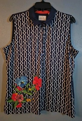 EP Pro Tour Tech Women s Golf Shirt Top Sleeveless Floral Button Front Sz XL