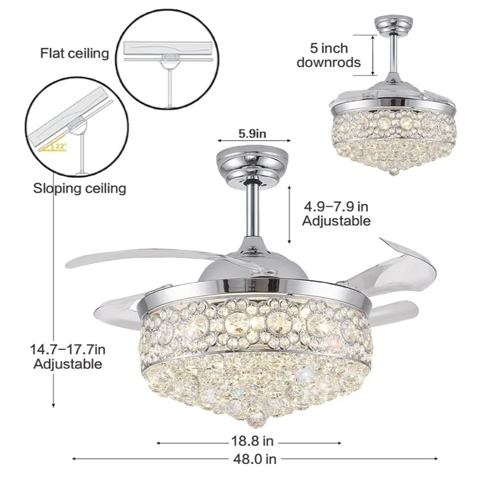 Modern Crystal Fandelier Ceiling Fan + LED Light Remote Noise-Free Chandelier - Image 4 of 4