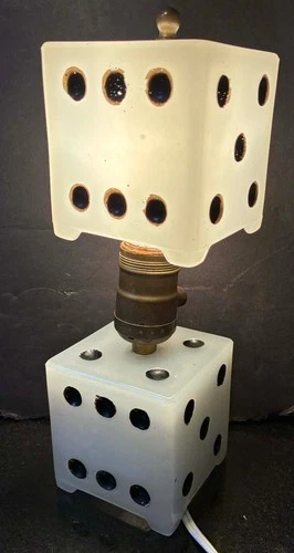 Vintage White Milk Glass Cubic Double Pair Dice Accent Lamp Black Dots 10x3"