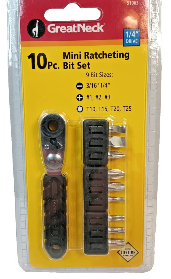 Great Neck 51063 Mini Ratchet and Bit Set, 10-Piece 1/4 inch Drive New - Image 2 of 4