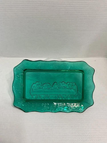 The Last Supper Tiara Indiana Glass Spruce Green Plate Vintage