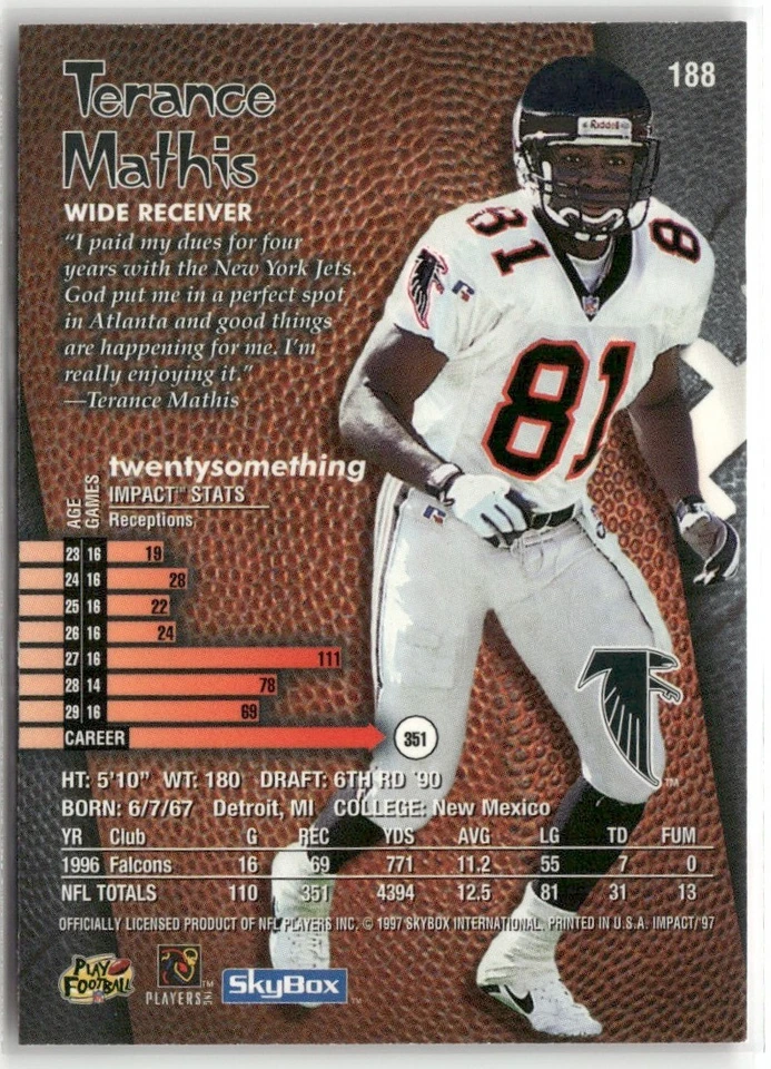 1997 SKYBOX IMPACT TERANCE MATHIS ATLANTA FALCONS #188 - Image 2 of 3