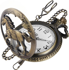 Hollowed Out Two Wolf Quartz Men'S Pocket Watch, Arabic Numeral Dial with Chain