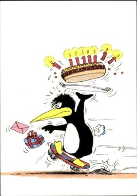 Künstler Ak Uli Stein, Pinguin auf einem Skateboard, Torte mit... - 4742833