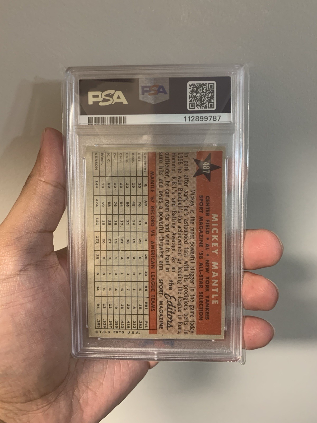Mickey Mantle 1958 Topps #487 All Star PSA 6 Yankees HOF Vintage view 2