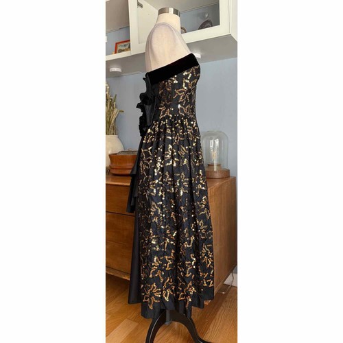 Vintage 80s Jessica McClintock Black w/ Gold Sequins Strapless Long Dress Sz S - Picture 2 of 11