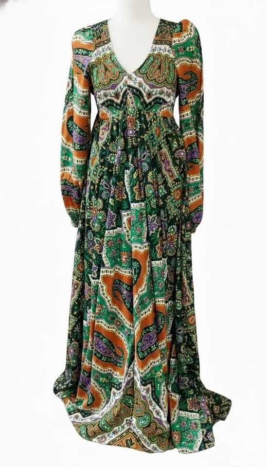 Maxi Vestido Denise L De Colección Años 70 Algodón Cachemira Floral Boho Talla 7/8 Manga Abullonada Foto 3 de 4