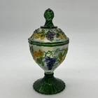 Depression Glass Egg Shaped Pedestal Candy Dish Raised Grapevine Design Vintage