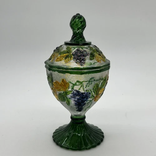 Depression Glass Egg Shaped Pedestal Candy Dish Raised Grapevine Design Vintage