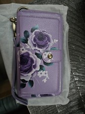 Purple Floral Women's Wristlet Wallet with Zipper, Strap, and Card Slots