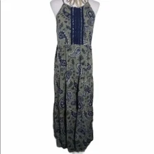 True Craft M green/blue paisley maxi halter sundress boho hippie festival