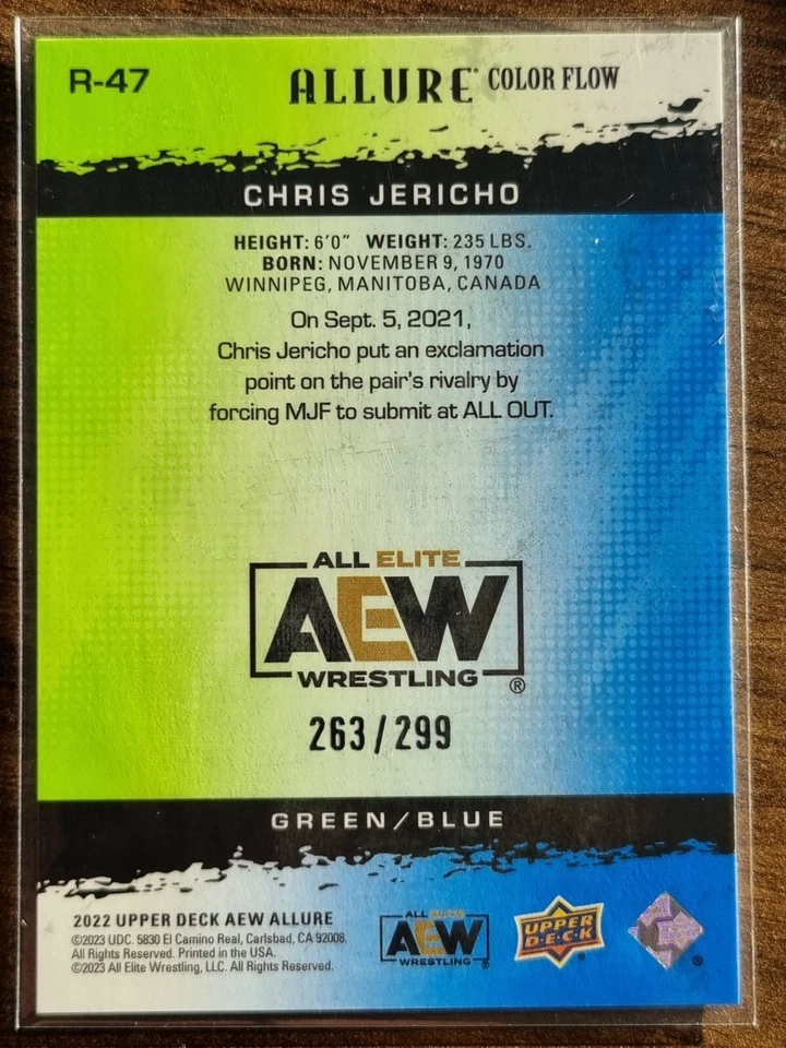 2022 AEW Chris Jericho Green Blue Colorflow /299 ALLURE Trading Card #86345 - Image 2 of 2