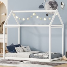 Twin Size Wooden House Floor Bed Frame Wooden Slatted White for Kids / Toddlers